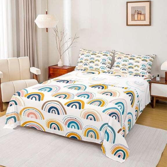 Manfei Boho Rainbow Pattern Twin Sheet Sets,bohemian Exotic Style Twin Fitted Sheet,Geometric Polka Dots Flat Sheet For Kids,Breathable Home Decor,3pcs