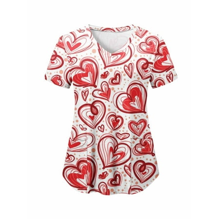 

EWODOS Women Valentine s Day Sweet Tops Shirts Short Sleeve V Neck Scrub Work Uniform with Pockets