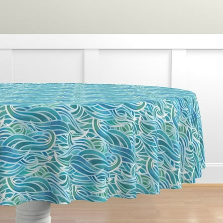 

Cotton Sateen Tablecloth 90 Round - Abstract Watercolor Waves Whimsical Wave Ocean Sea Blue Summer Beach Mermaid Print Custom Table Linens by Spoonflower