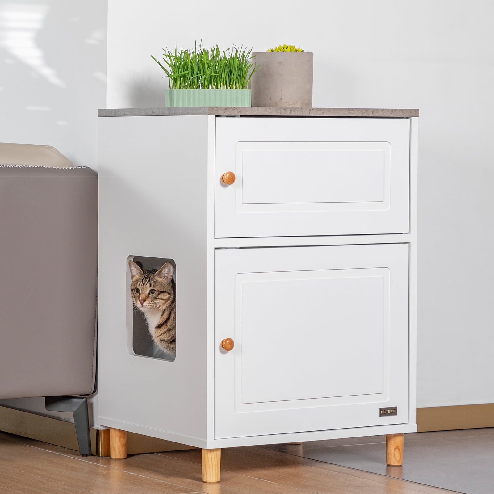 PETSFIT Cat Litter Box Enclosure, Odor-Free Design, Storage Cabinet, Easy-Clean, and Stylish Hidden Cat Litter Box Furniture White