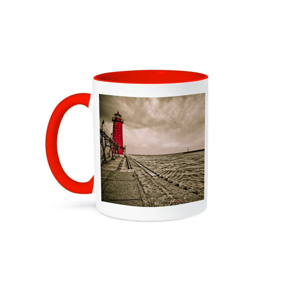 3dRose, USA, Michigan, Grand Haven Lighthouse, 11oz Two-Tone Red Mug