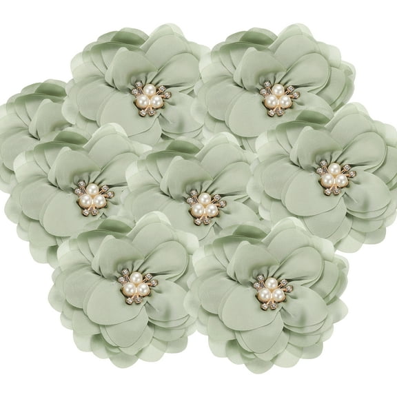 3.15Inch Chiffon Flowers, 10 Pcs Fabric Flowers Rhinestone Pearl Large Camellia Sewing Appliques for DIY Crafts Dresses Clothing Headbands Wedding Party Decoration, Green