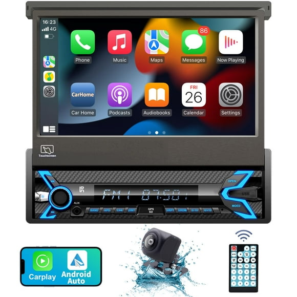 2025 7-inch Motorized Flip-Out Single Din Car Stereo with Wireless Apple CarPlay & Android Auto, Bluetooth, HD Touchscreen, Backup Camera, USB/SD/AUX Input, AM
