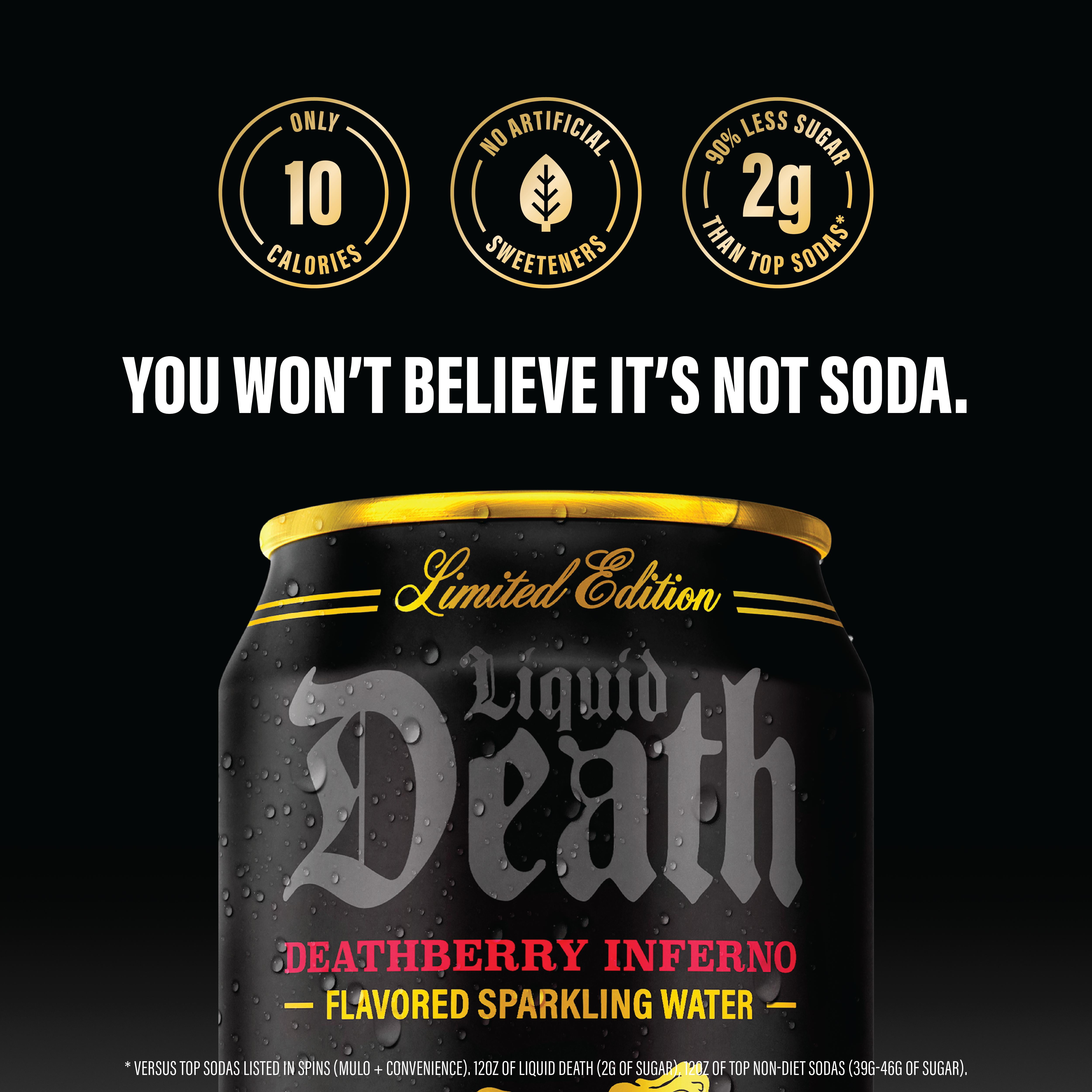 Liquid Death, Deathberry Inferno, Strawberry Lava Flavored Sparkling Water, 6-Pack (12 fl oz Cans), Low Calorie and No Artificial Sweeteners