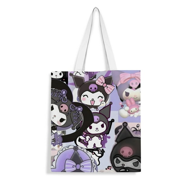 Kuromi Bolso de tela con estampado de lienzo para mujer, bolsa de compras reutilizable y estética, con cremallera interior, regalo para mujer, 35 × 40 cm.