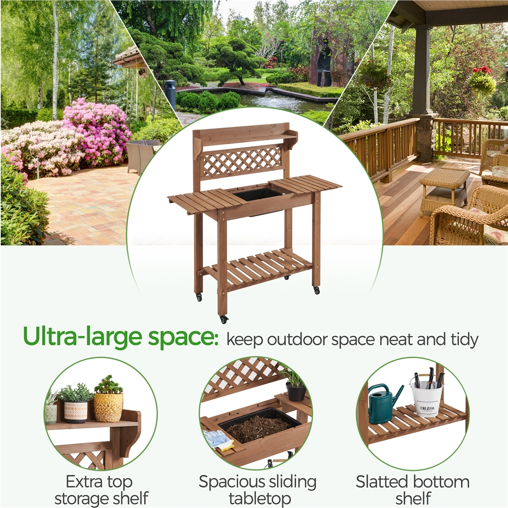 Renwick Rolling Garden Potting Bench with Sliding Tabletop & Open Storage Shelf, Brown