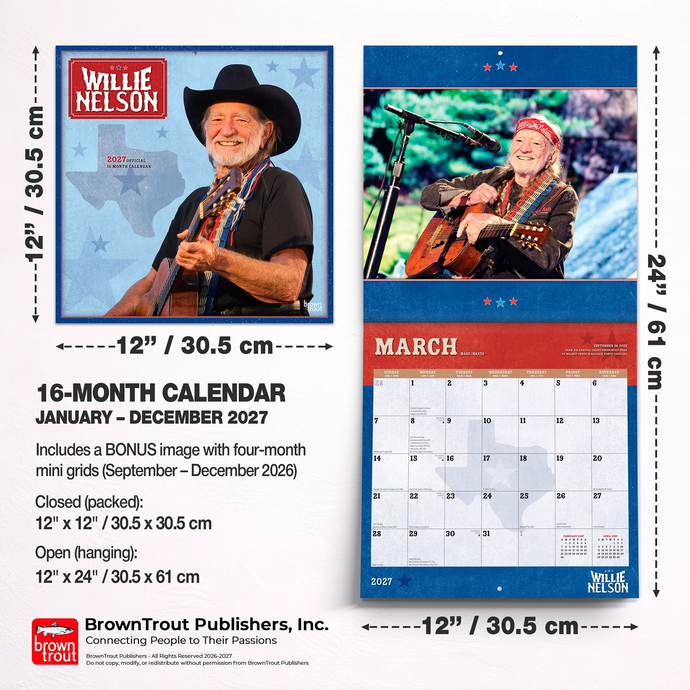 Willie Nelson OFFICIAL 2027 12x24" (Hanging) Wall Calendar | Plastic-Free | BrownTrout