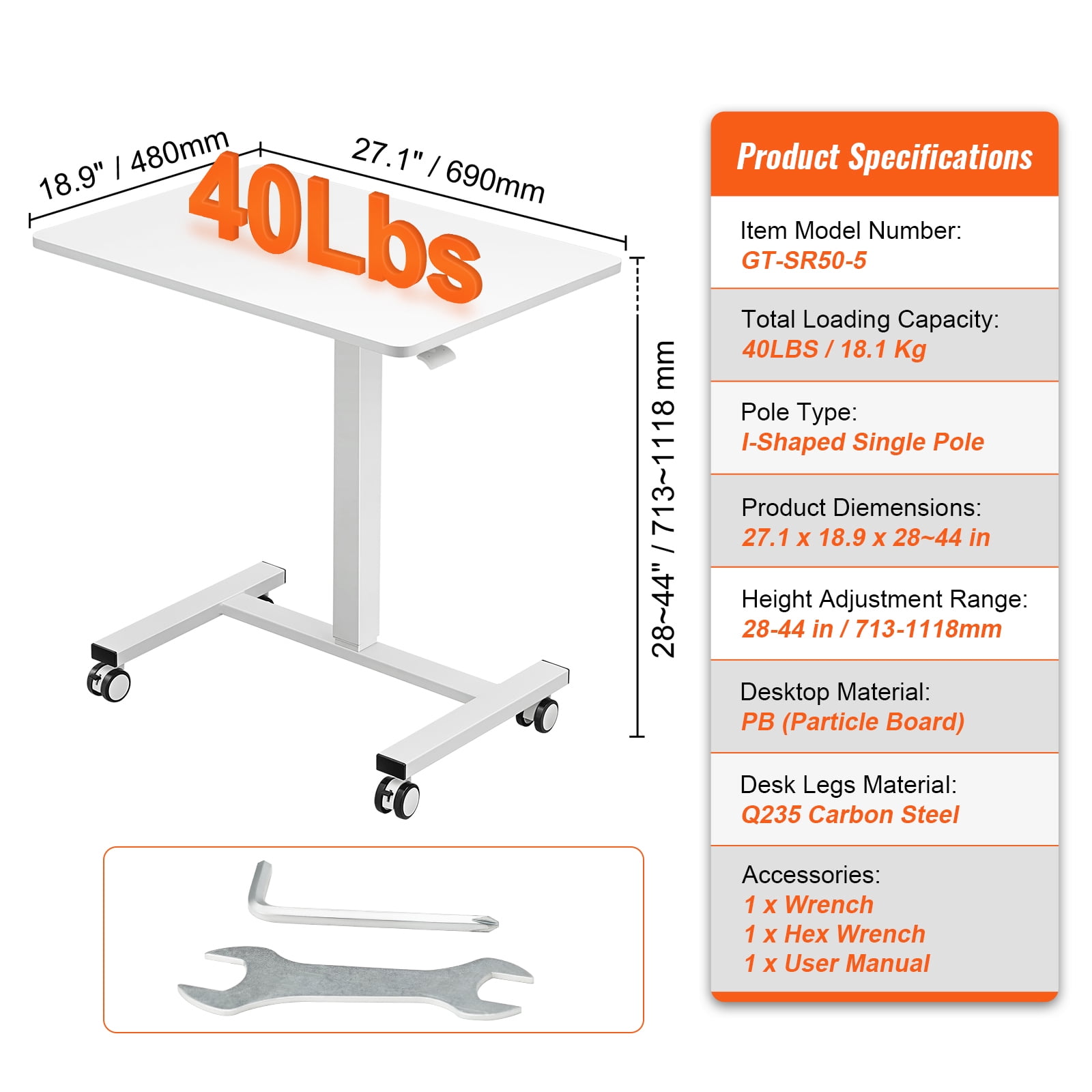 KFFKFF 28"-44" Gas-Spring Height Adjustable Sit-Stand Desk, Mobile Standing Desk, 4 360° Swivel Wheels (2 Lockable) Portable Rolling Laptop Table Computer Cart, 40LBS Loading