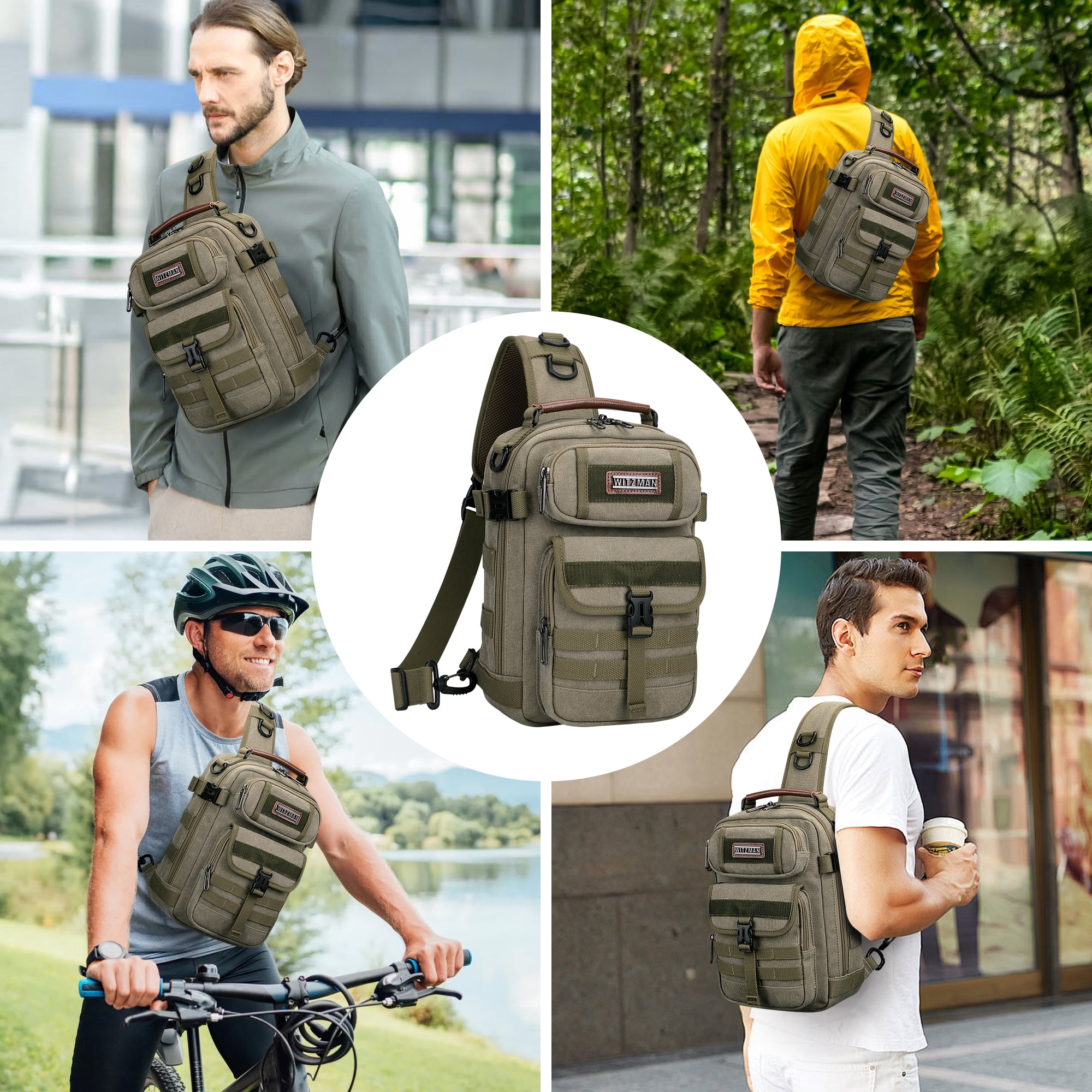 WITZMAN Sling Bag for Men Canvas Casual Chest Bag with USB Charging Port for Travel Daily Work(A8021 Army Green)