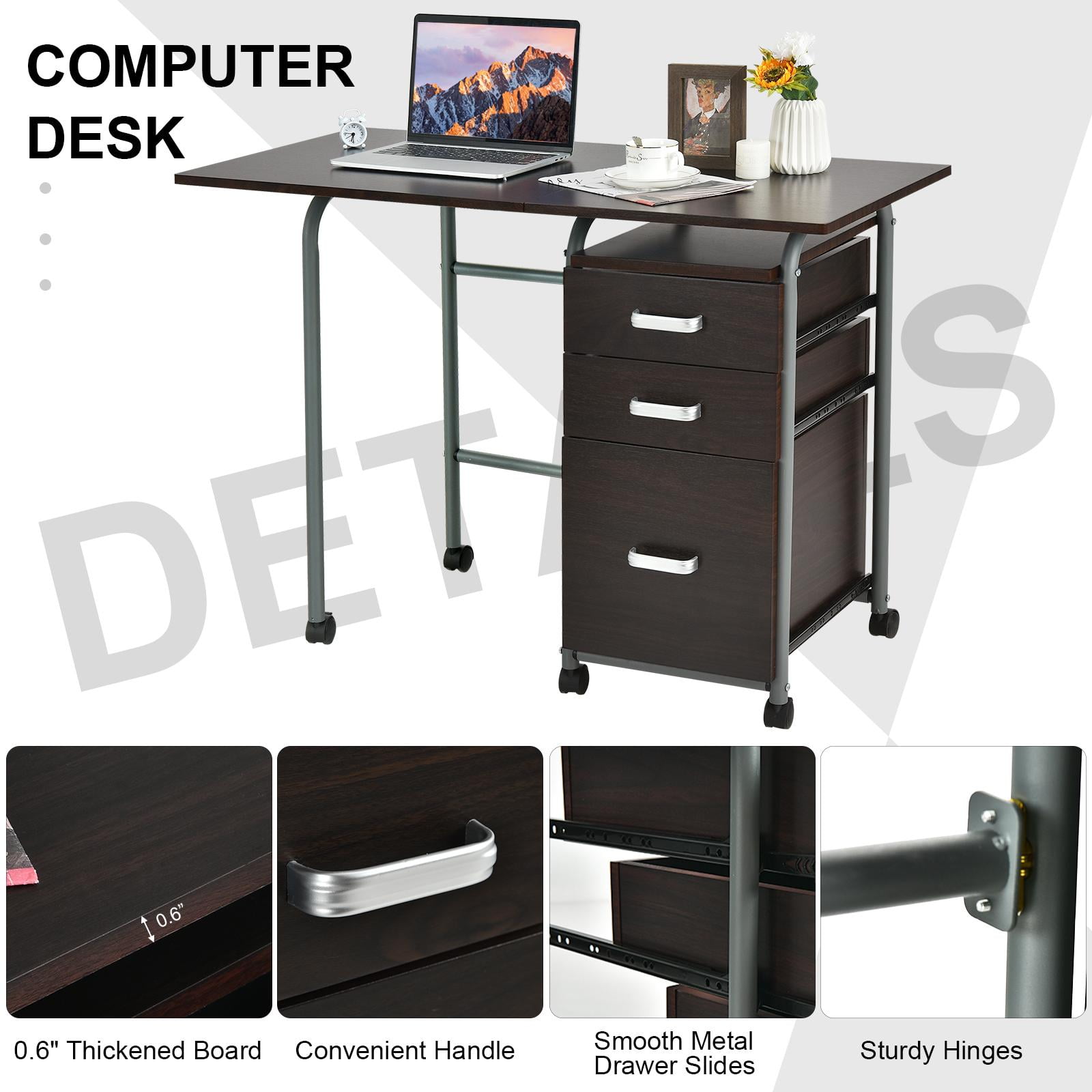 Giantex Folding Computer Study Desk, Home Office Desk w/Smooth Wheels & Large Drawers, Mobile Laptop Desk Writing Table (Brown)