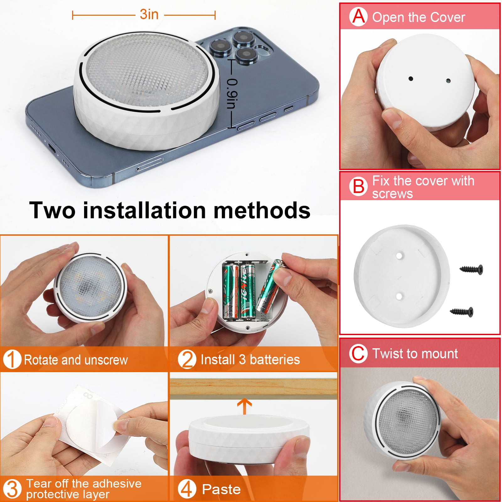 Onumii LED Puck Lights Battery Operated LED Under Cabinet Lighting Wireless Stick on Tap Lights with Remote Controll Color Changing Timer Function for Cabinets, Shelves, Closets - 6Pack White
