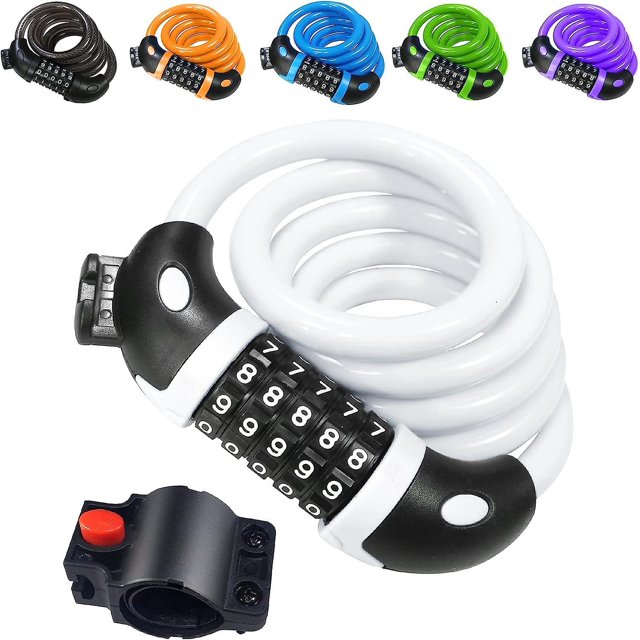 cadenas Pour Vlo (blanc), Cadenas Cble Avec Code 5 Chiffres Pour Vlo, Scooter, Moto, Portes De Vlo Et Chariots Vlo
