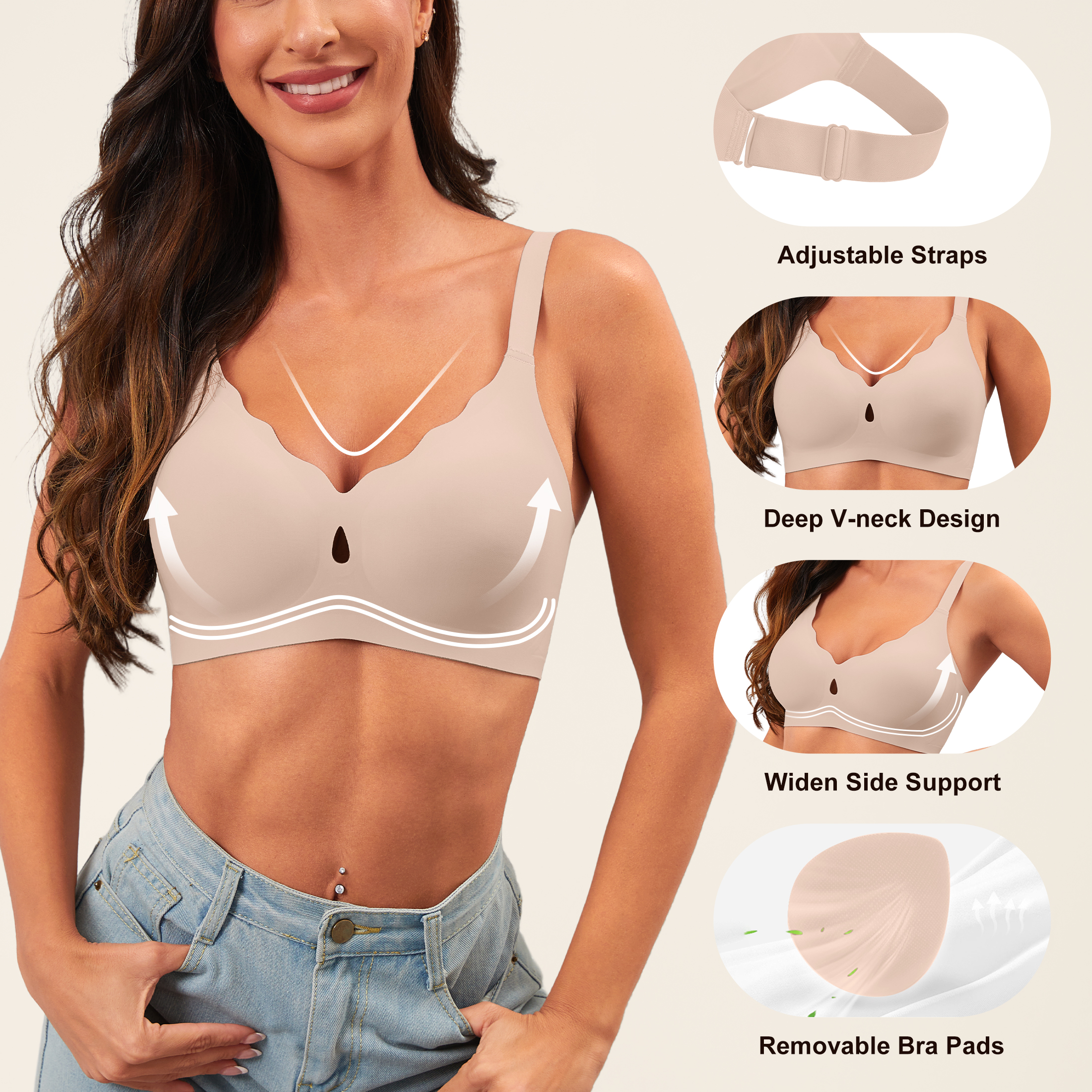 Qylux Wireless Bras for Women No Underwire Push Up Bras Seamless Full Coverage Comfort Lift Support Soft Everyday bra,Oatmilk