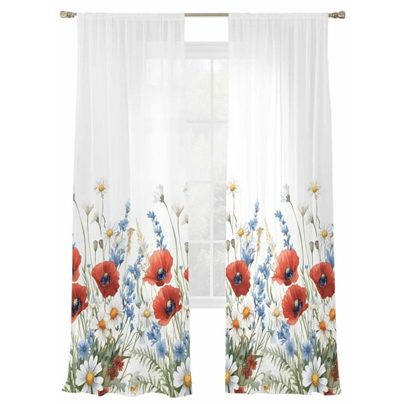 Sheer Curtains 84 inches Long 2 Panels Set Red Poppy Daisy Blue Floral Watercolor Plant Sheer Window Curtain Rod Pocket Voile Drapes for Living Room/Bedroom, Each 52" W x 84" L
