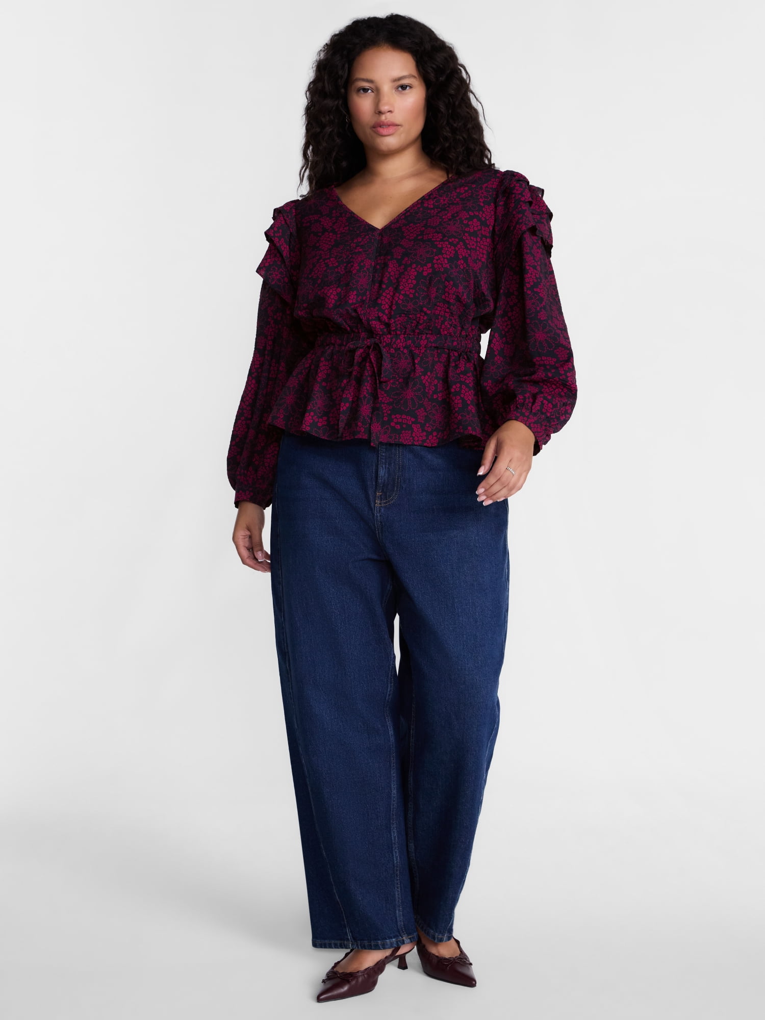 Terra & Sky Ruffled Shoulder Tie Waist Top with Long Puff Sleeves, Sizes 0X-5X