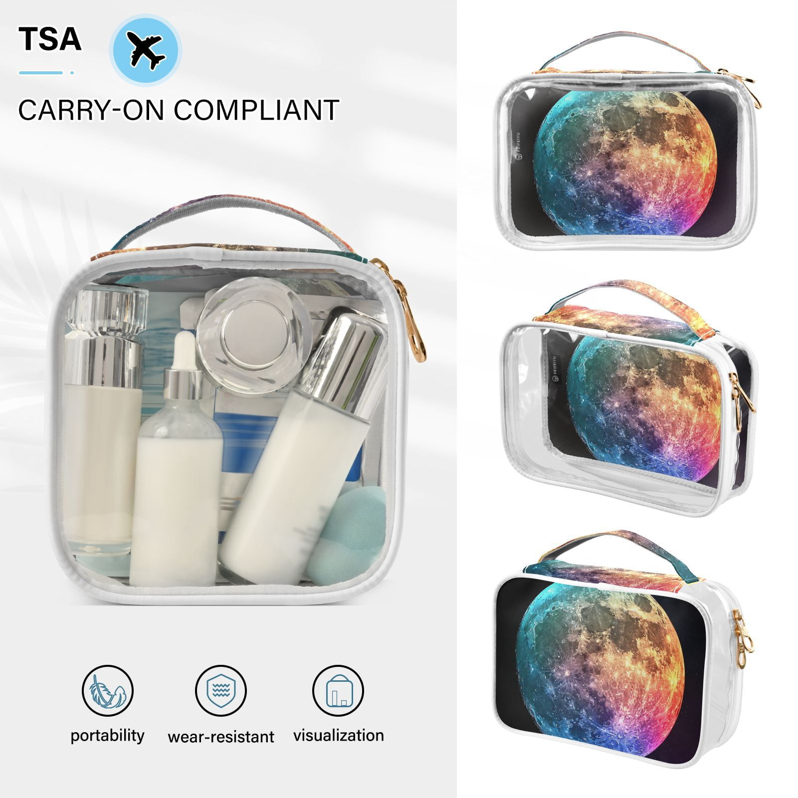 Clear Makeup Bags with Handle Large Opening 2 Pack Set Toiletry Bag Quart Size Bag, for Women Man Traveling Travel Essentials, Toiletries and Other. Colorful Moon