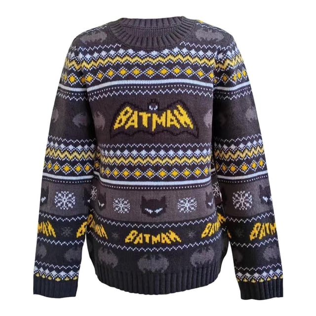 suéter batman para niño, talla 14 diseño navideño color gris — vista frontal centrada de suéter gris de punto acrílico con cuello redondo y puños ribeteados; logo amarillo 'BATMAN' en el pecho, repeticiones del nombre en la parte baja y filas de copos de nieve y siluetas de murciélago en patrón navideño. Adecuado para looks festivos e invierno.