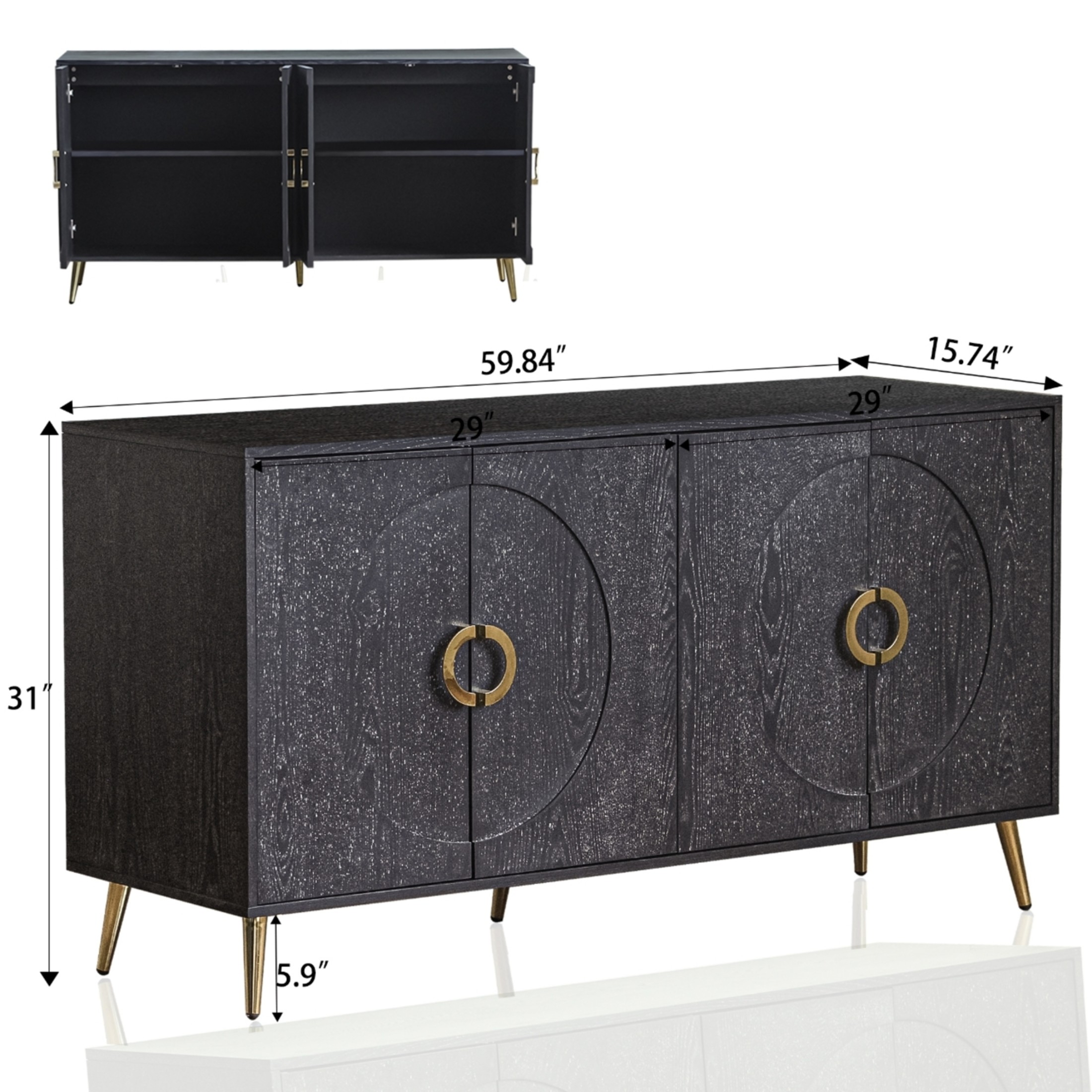 Noble House 59.8" Modern Lacquered Sideboard, Buffet Storage Cabinet with Adjustable Shelves, Distressed Black