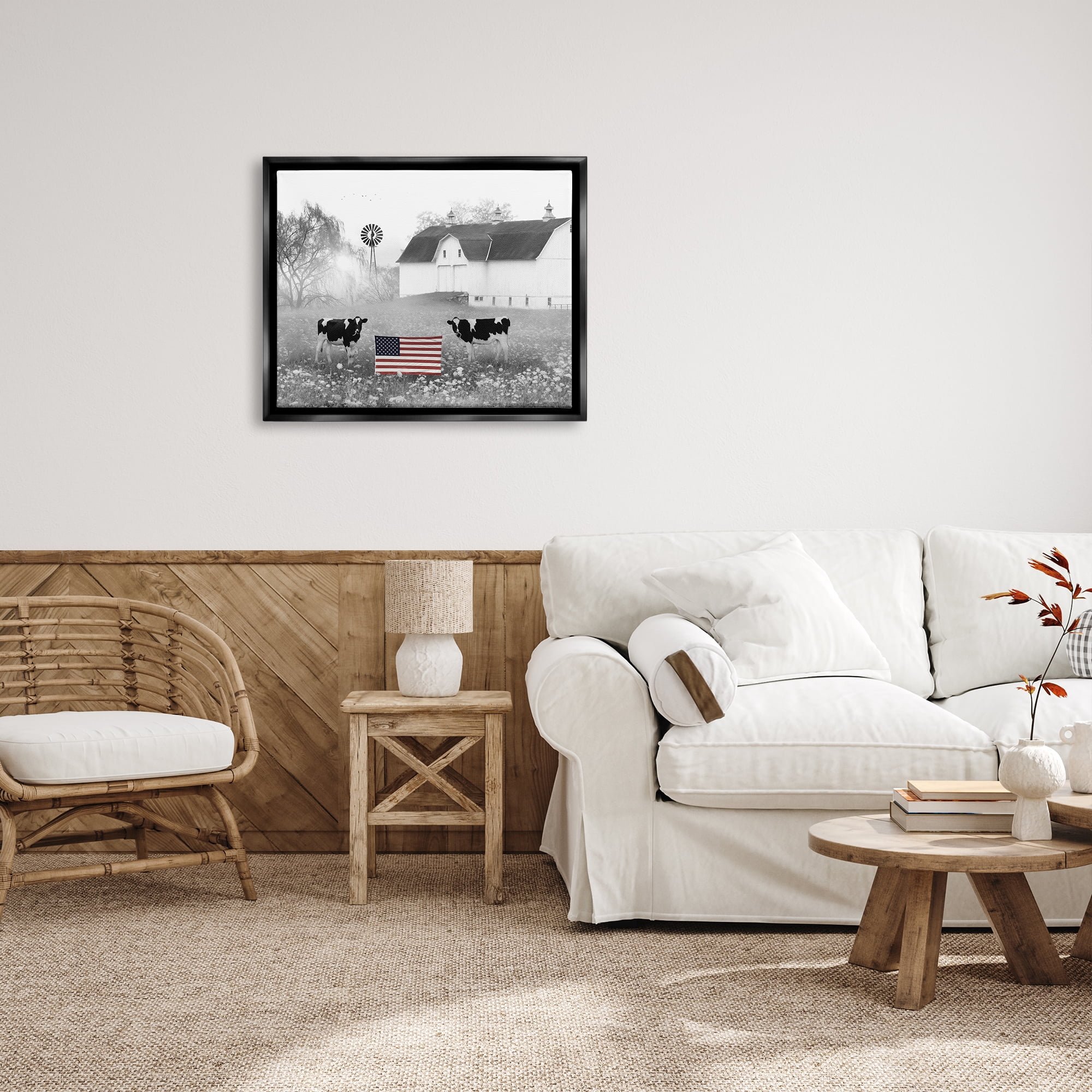 Stupell Americana Barn Country Cows Flag Animals & Insects Painting Black Floater Framed Art Print Wall Art