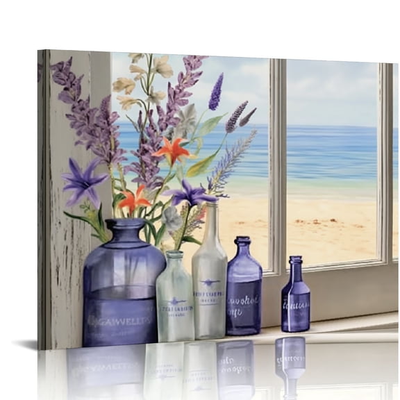 ONETECH Farmhouse Lavender Flower Bathroom Decor Wall Art Rustic Country Butterfly Purple Window Beach Pictures Wall Decor Canvas Painting Prints Artwork 20x16in