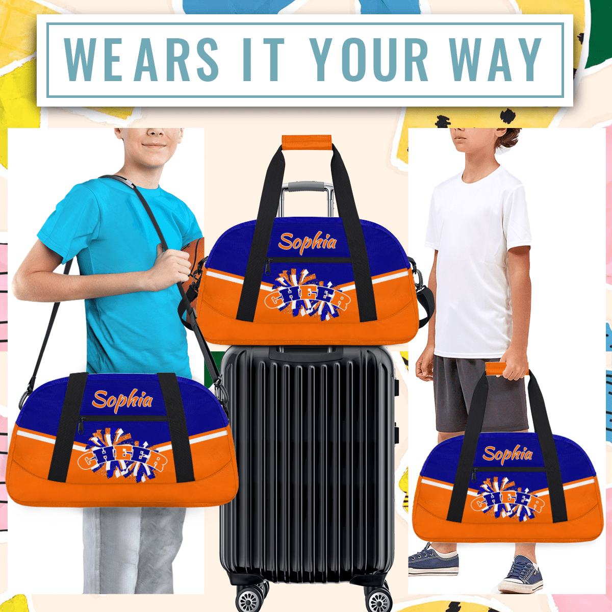 Jiaoprinted Personalized Cheer Bag, Custom Sport Duffel Bag with Name, Customized Cheerleader Dance Bag, Sport Gym Bag Overnight Weekender Bags, Blue Orange