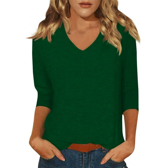 DENGDENG Woman 3/4 Sleeve Tops Casual Summer Basic Tees Fashion 2025 V Neck Elbow Sleeve Blouses Solid Color Three Quarter Length Shirts Work Loose Pullover Top Dark Green XXL