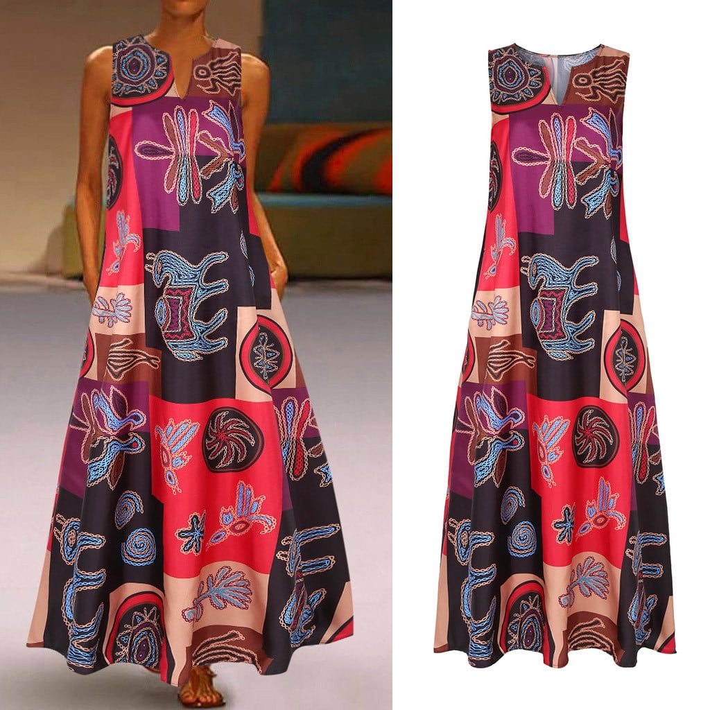 Women Plus Size Vintage Bohemian Print Sleeveless V Neck Maxi Dress 