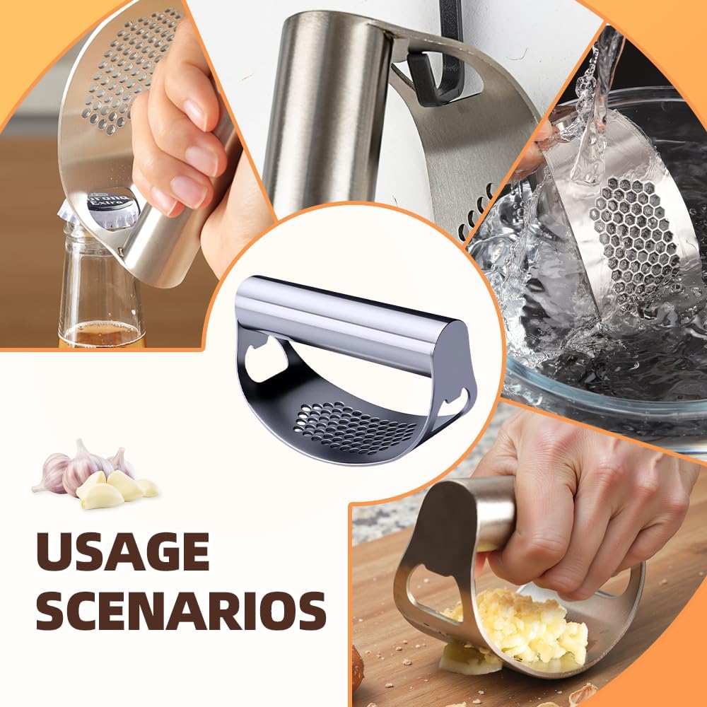 Stainless Steel Garlic Presser, Upgrade Rocker Crusher Masher with Garlic Peeling, 2026 New Portable Manual Stainless Steel Garlic Press for Home Kitchen Utensils (2)$$Home Decor, Kitchen, & Other