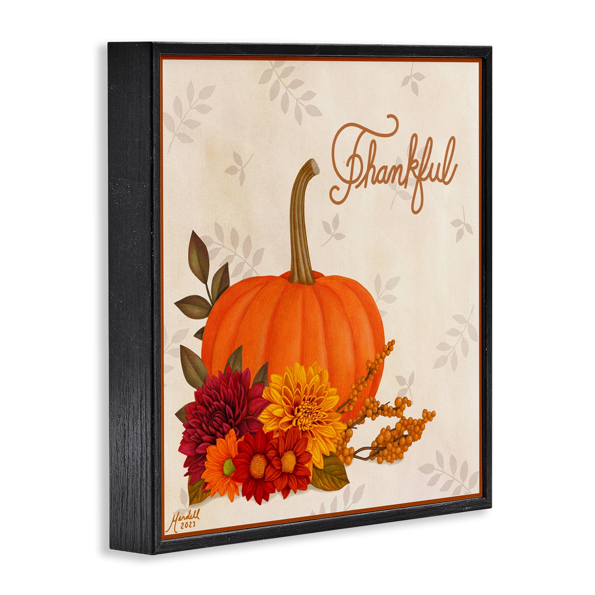 Stupell Industries Thankful Pumpkin & Florals Holiday Painting Black Framed Art Prints Wall Art, 17 x 17