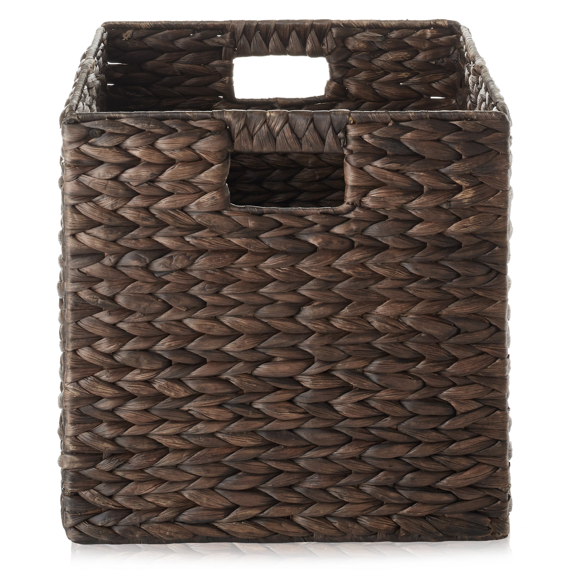 Casafield 12" x 12" Water Hyacinth Storage Baskets, Espresso - Set of 2 Collapsible Cube Organizers, Woven Bins for Bathroom, Bedroom, Laundry, Pantry, Shelves