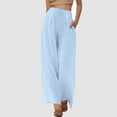 thumbnail image 3 of Women's Summer High Waisted Drawstring Linen Wide Leg Beach Pants With Pockets Comfortable Polyester (2-Light Blue, S), 3 of 5