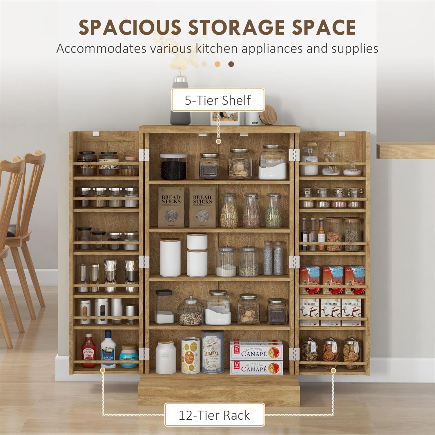 Demi Bonn 41" Rattan Kitchen Storage Cabinet with 12 Spice Racks, Adjustable Shelves, Natural Wood Look for Home & Kitchen, Brown