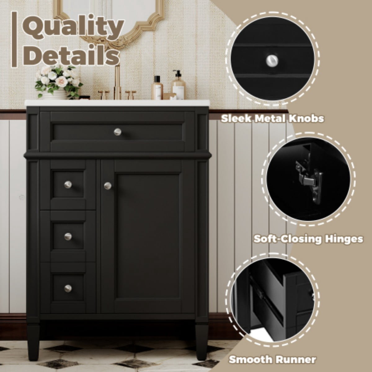 24" Bathroom Vanity with Sink, Modern Freestanding Bathroom Vanity Cabinet with Ceramic Sink, 3 Drawers & Tip-Out Drawer, Adjustable Shelf, Green Storage Cabinet, Black