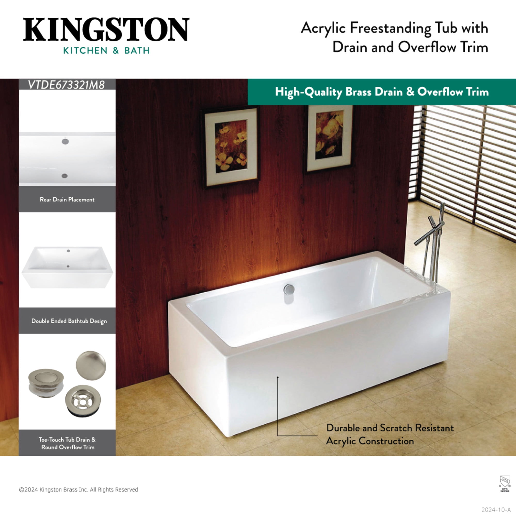 Kingston Brass VTDE673321M8 67" Acrylic Rectangular Double Ended Freestanding Tub with Overflow/Drain Assembly, Glossy White/Brushed Nickel