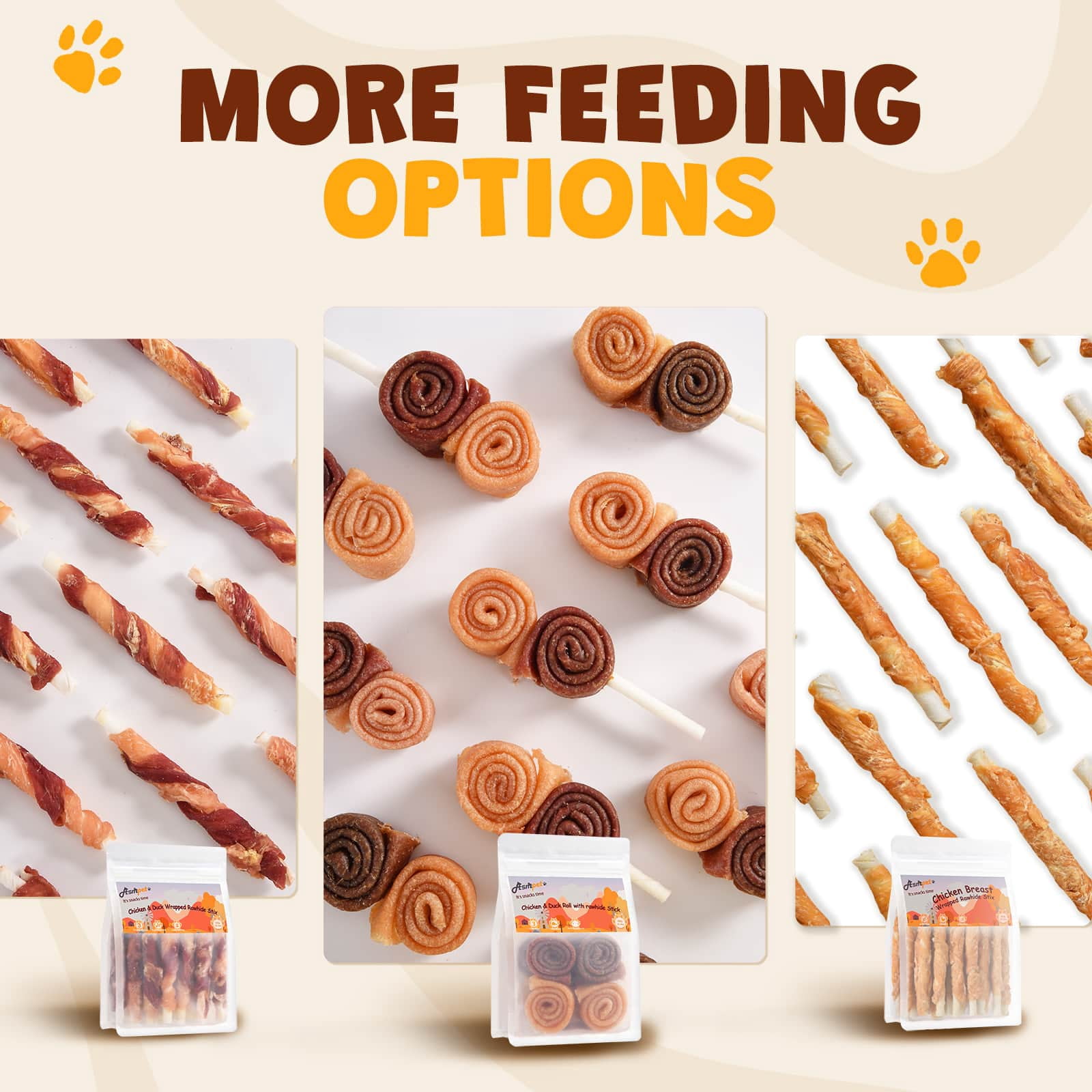 (2 pack) ASMPET Triple Flavor Rawhide Dog Treats, Chicken Duck Chew for Small Medium, Large Dogs, 10.5oz.