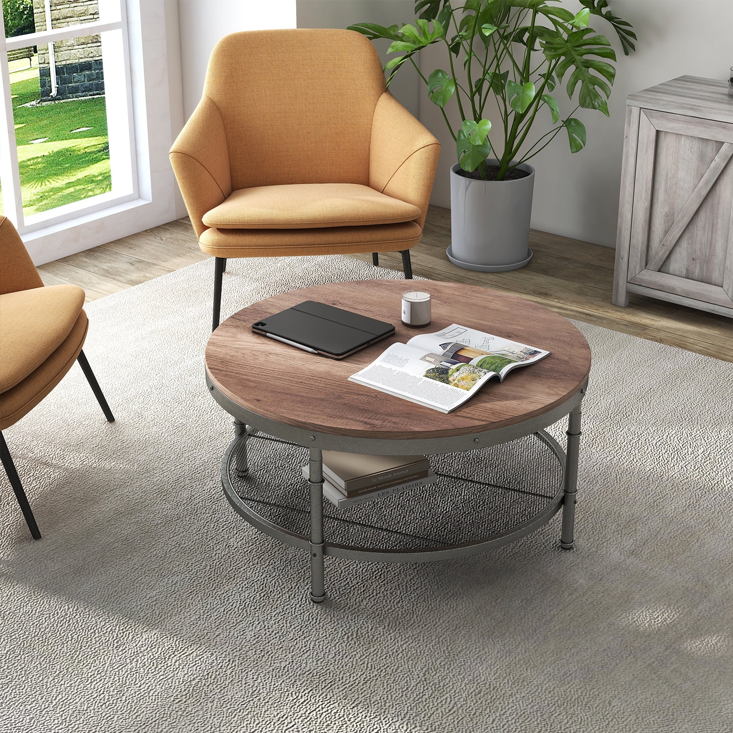 Kadyn 2-Tier Round Coffee Table, Particle Board Coffee Table with 3D Texture Metal Frame and Mesh, Modern Round Coffee Table for Living Room, Walnut Kadyn 2-Tier Round Coffee Table, Particle Board Coffee Table with 3D Texture Metal Frame and Mesh, Modern Round Coffee Table for Living Room, Walnut