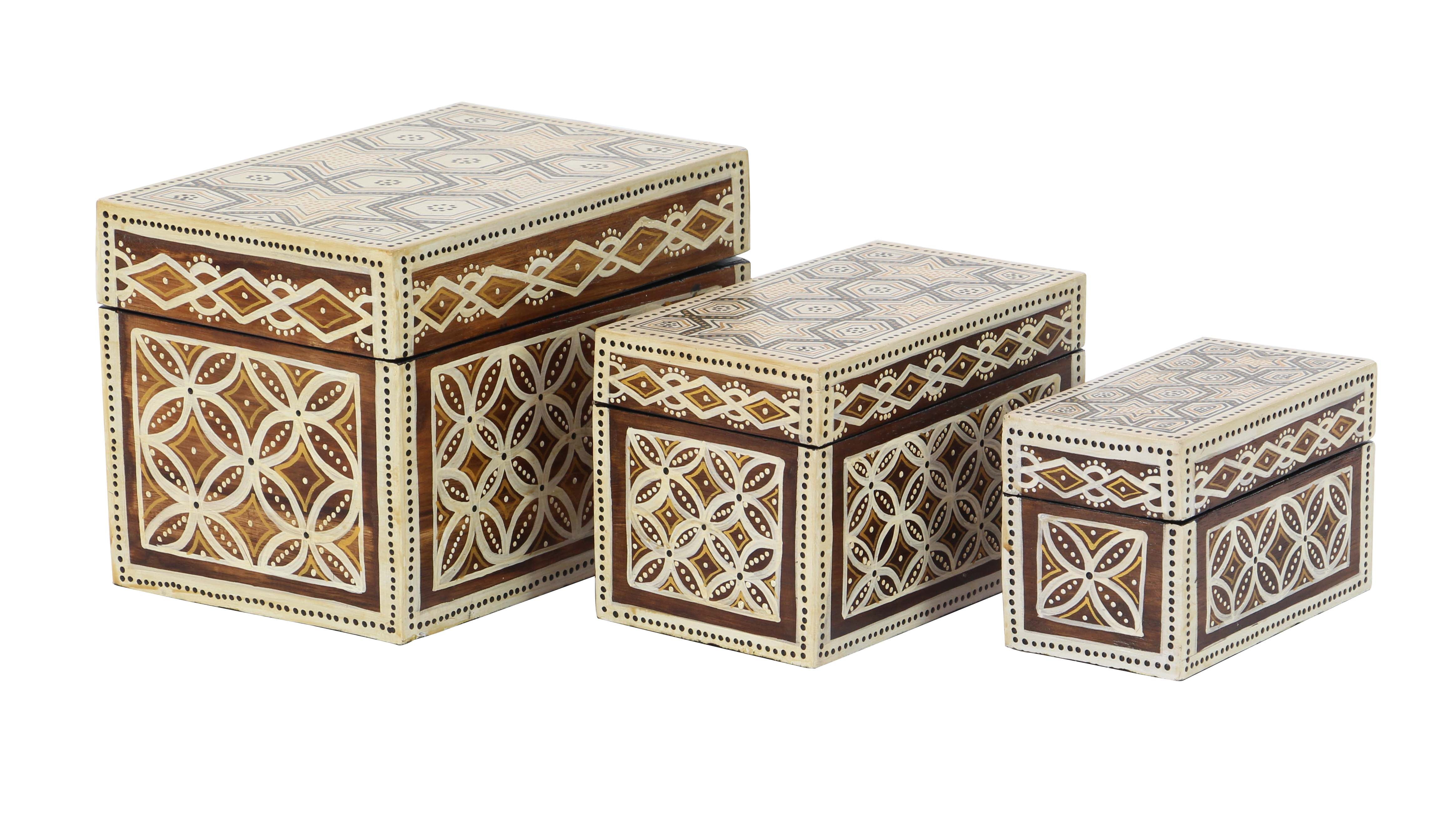 Decmode Traditional Wood Star Floral Batik Design Decorative Boxes With