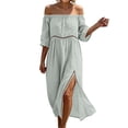 thumbnail image 2 of ClodeEU Women's Linen Blend Off The Shoulder 3/4 Sleeve Lace Patchwork Maxi Dress,Casual Beach Dress with Side Slit Gray,Women's Plus S, 2 of 7