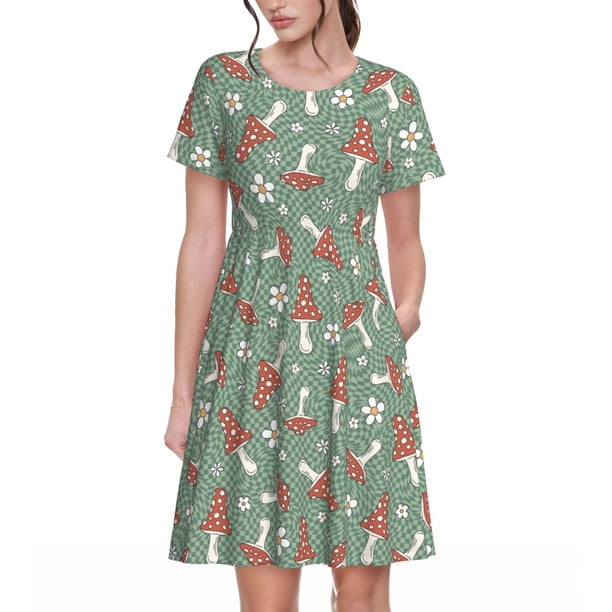 Disketp Retro Hippie Groovy Mushroom para Vestido de Manga Corta para Mujeres, Vestidos de Verano para Mujeres, Casual y Holgado para la Playa