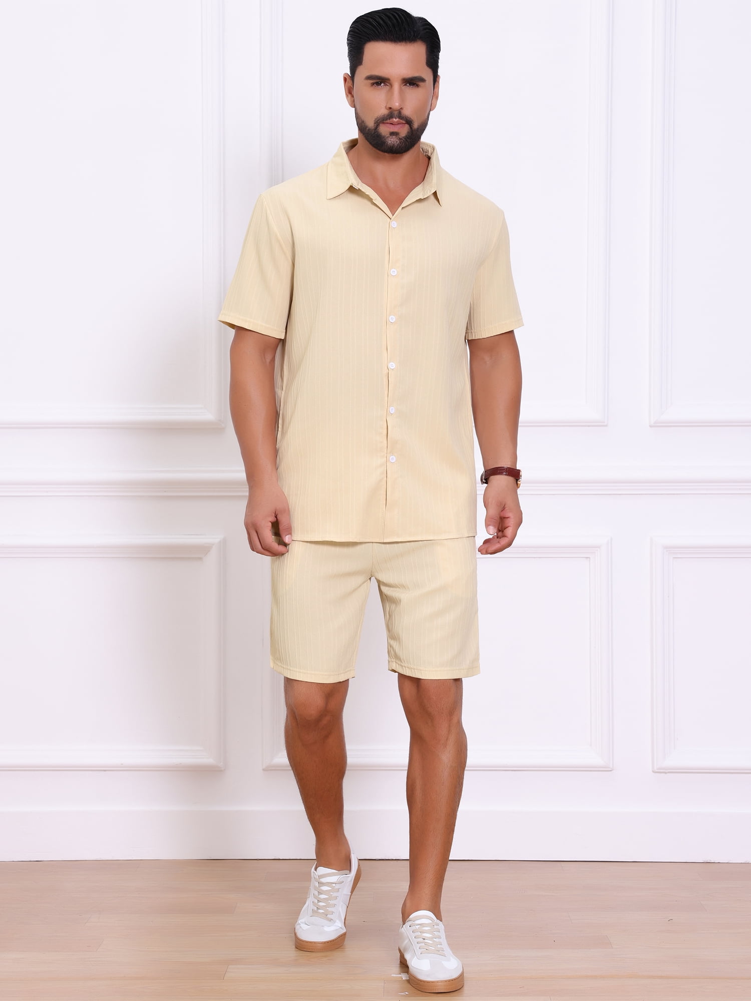 DARING DIVA Men's 2 Pieces Beach Shirt & Shorts Striped Textured Outfits L Beige