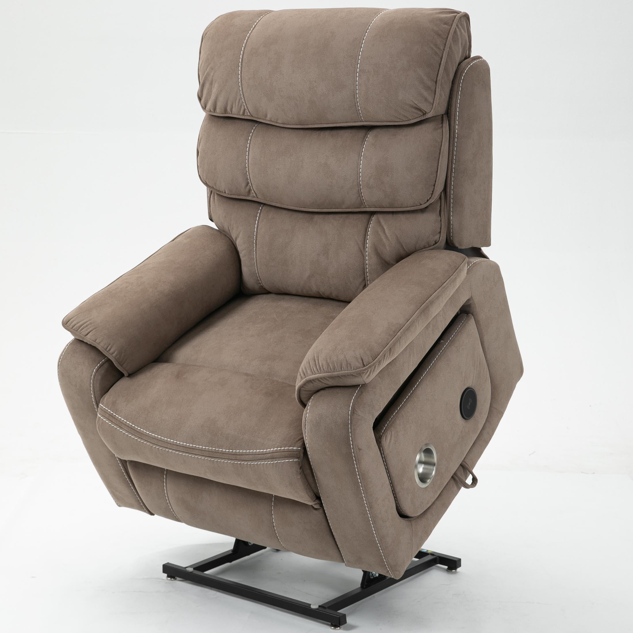 LEGAHOME Oversized Lift Recliner Chair with Wireless Phone Charging and Retractable Tray Table, 180 Degree Lying Flat Electric Power Sofa with Heat & Massage, Side Pocket, Cup Holder, Beige Brown