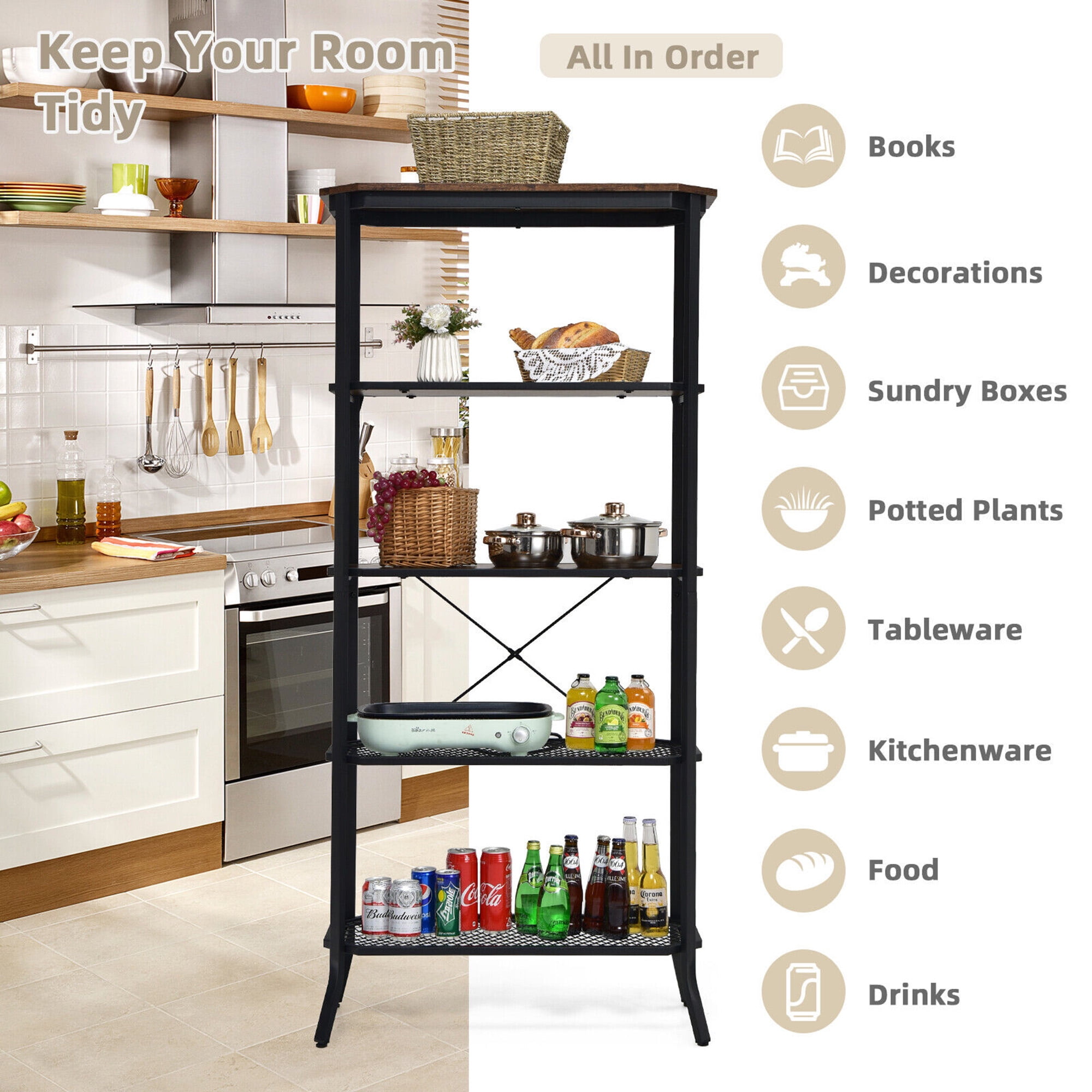 Gymax Fashion 5 Tier Bookshelf Standing Storage Shelf Unit for Kitchen Living Room Office