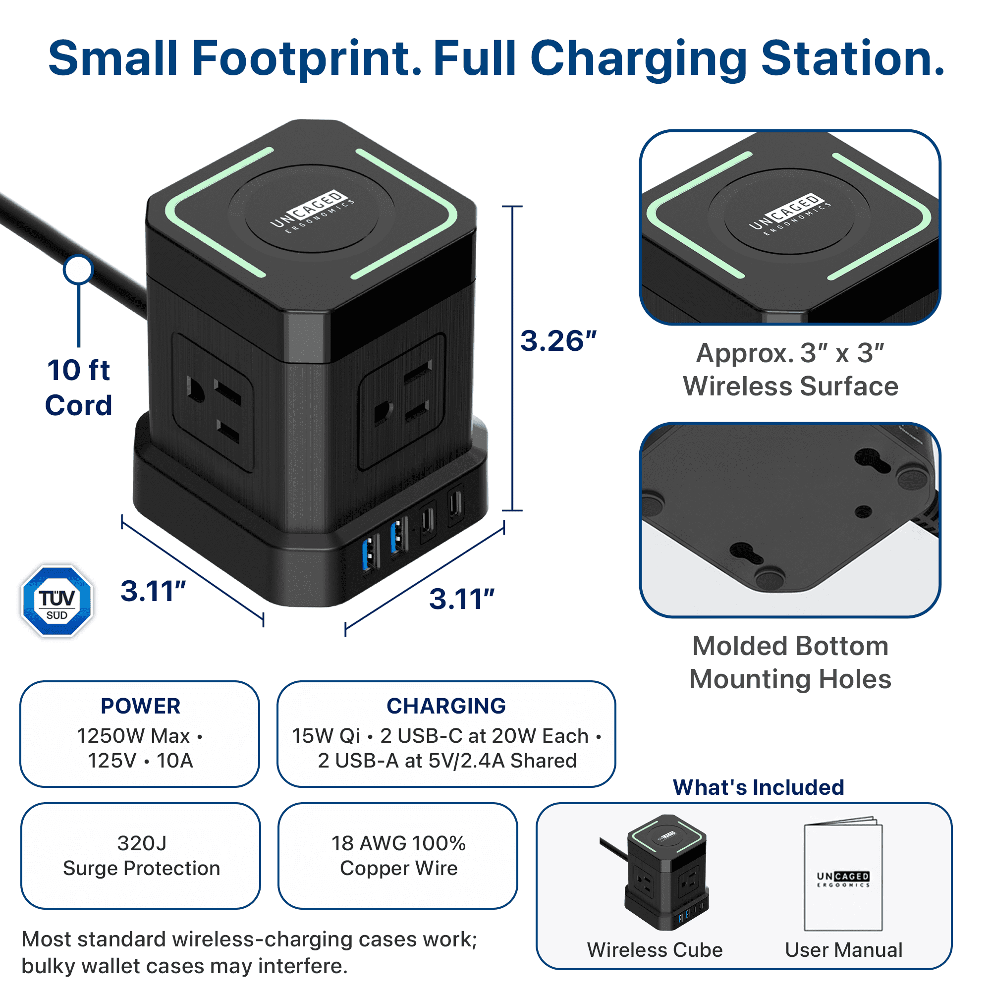 Wireless Cube Power Strip Surge Protector with 15W Qi Charger, 4 AC, 2 USB-C, 2 USB-A, 10 Ft Cord, Black