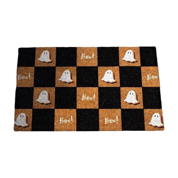 Halloween Checkered Ghost Coir Doormat – Natural Coconut Fiber Front Door Entry Mat with Spooky Pumpkin Print, Durable Outdoor Indoor Porch Welcome Rug for Fall Home Decor