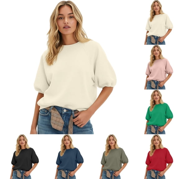 Kcolen Women's Oversized Short Sleeve Sweatshirt Crewneck Puff Sleeve Top 2026 Fall Crew Neck, Casual, Basic, Loose Fit,Trendy Fashion, Lightweight Tops