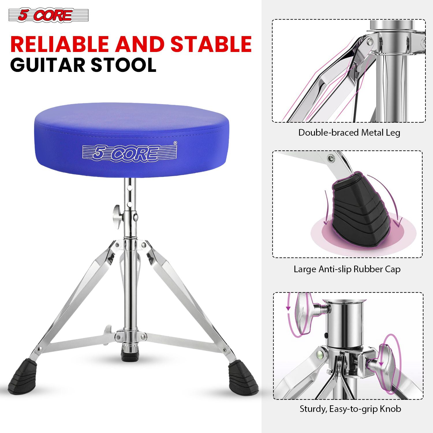 Drum Throne Padded Guitar Stool Height Adjustable Music Chair Seat Universal for Adults & Kids with Anti Slip Rubber Feet DS CH Blue