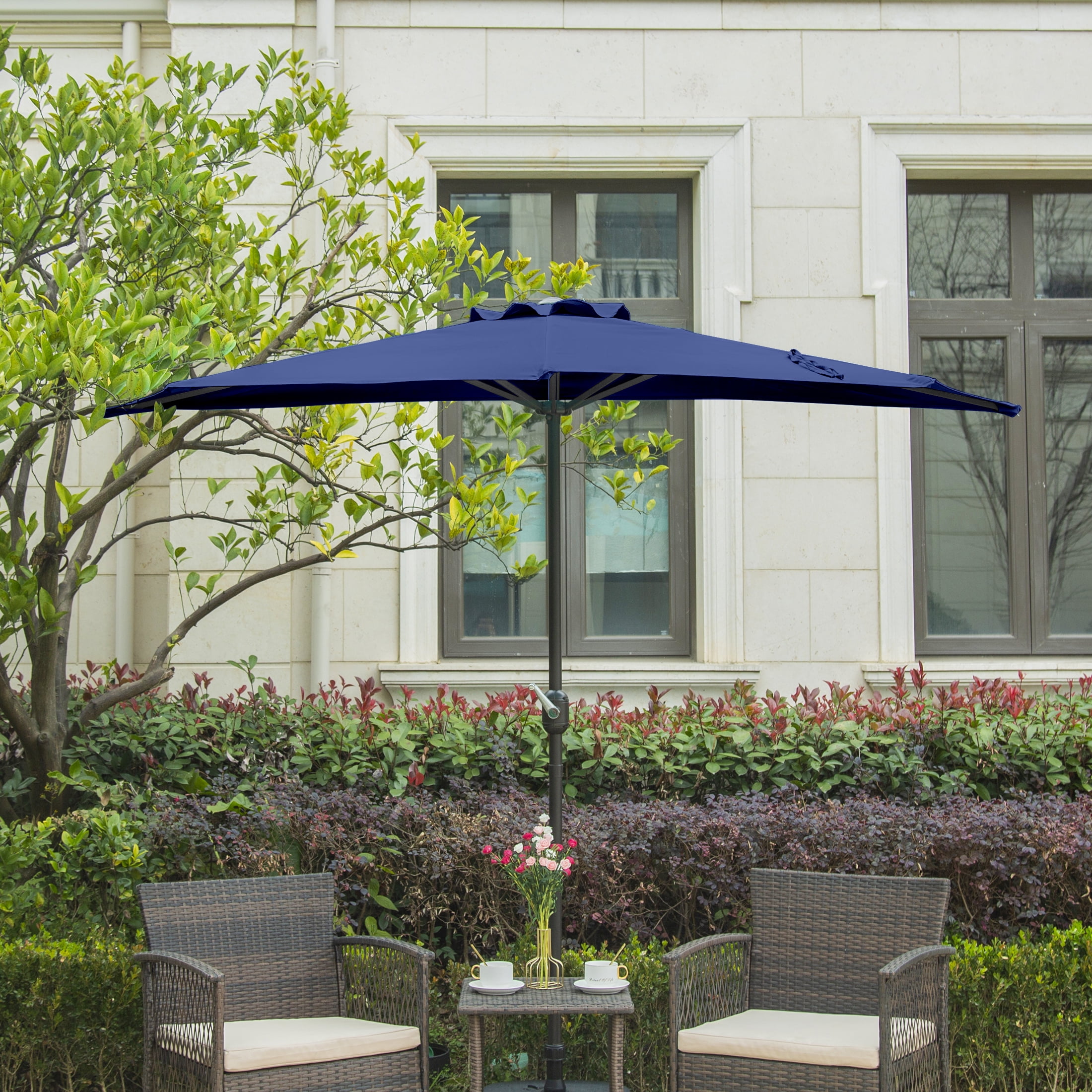 BAYSHORE 9 Ft Half Umbrella with Resin Concrete Base Included for Oudoor Patio, Navy Blue
