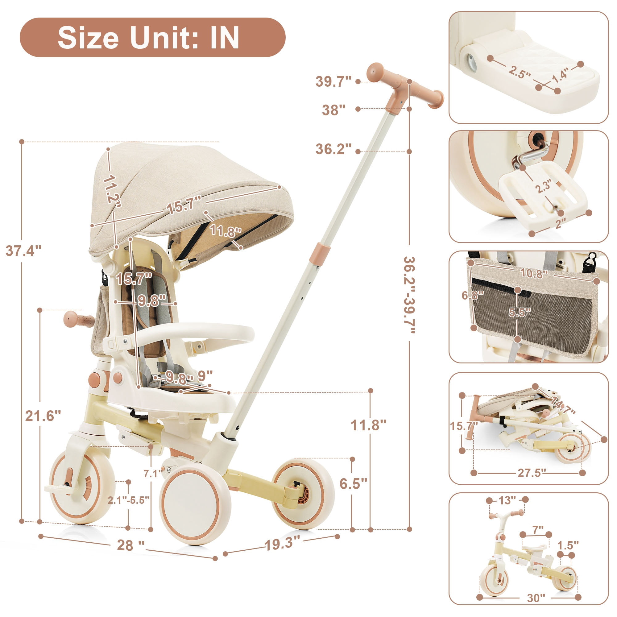 7-in-1 Baby Tricycle 1-6 Years Aluminum Frame with Canopy Push Handle 5-Point Harness for Kids Outdoor Ride