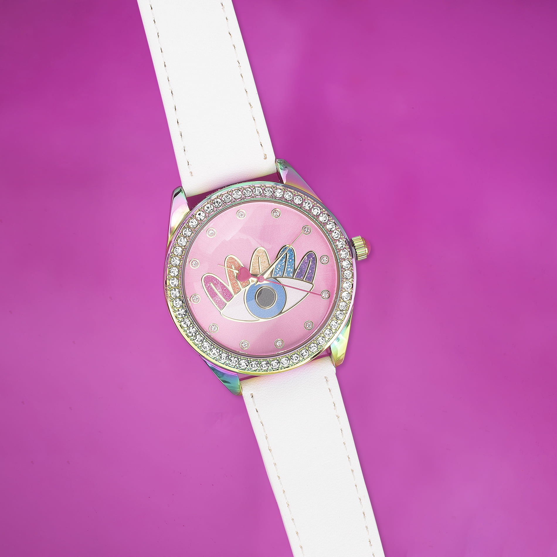 Luv Betsey Women's Sunray Evil Eye Art Dial with Oil Slick Case and White Strap Women's Watch