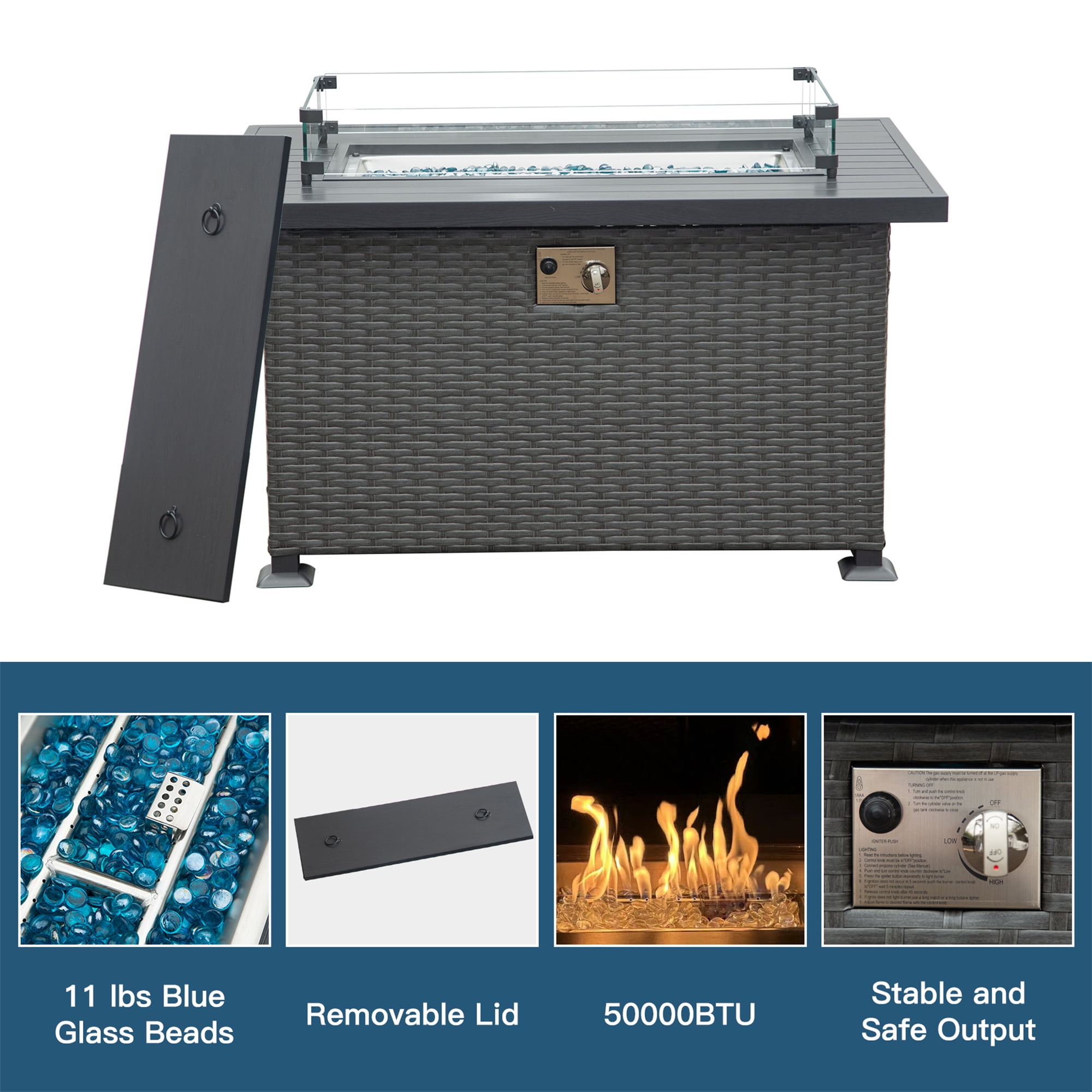 Aimee Lii 43.3" Fire Pit Table with Glass Wind Guard, Aluminum Tabletop, 50,000 BTU Smokeless Fire Pits for Outside, Outdoor Wicker Gas Fire Pits for Backyard Patio Picnic